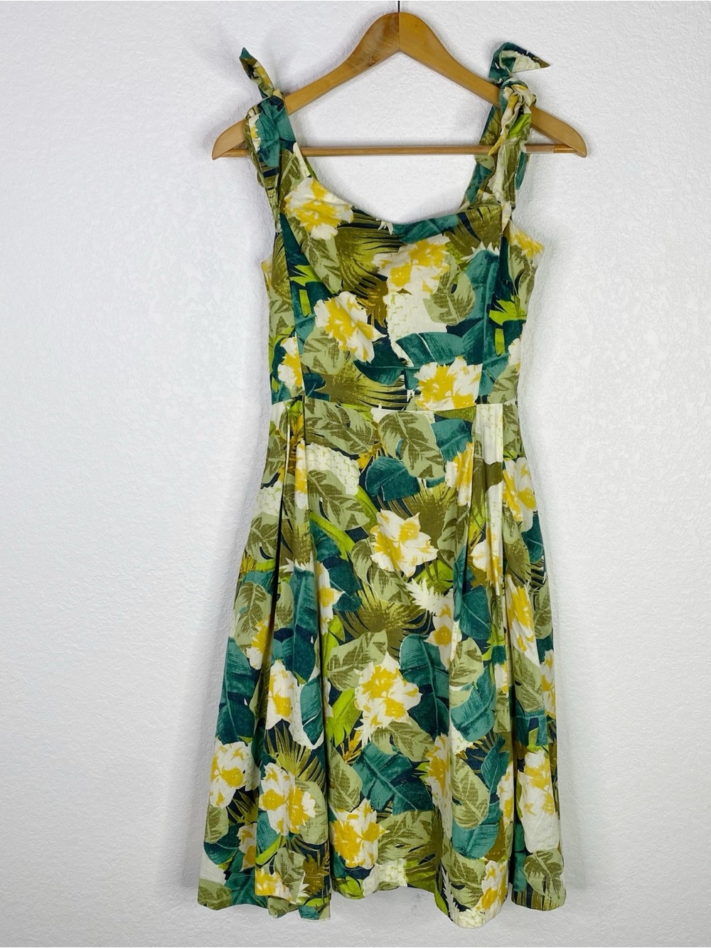 Emily and Fin Green and Yellow Floral Palm Print Fit and Flare Dress